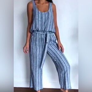 Anthropologie Cloth & Stone gray white striped linen blend jumpsuit size Medium